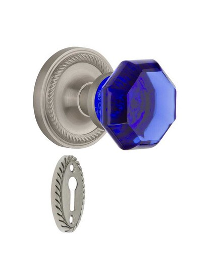 Rope Rosette Mortise Lock Set with Colored Waldorf Crystal Glass Knobs Cobalt Blue in Satin Nickel.